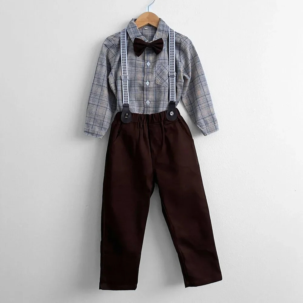 NWT Handsome Boys Dress Shirt Bow Tie Pants & Suspender Matching Set Brown 9-12M - Picture 5 of 6